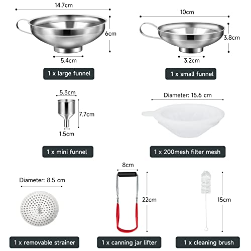 HAUSPROFI Edelstahl Trichterset 7-teilig mit Einmachgläser Heber & Filter - 3 Größen Küchentrichter Set für Marmelade, Einmachen, Öl, Gewürze - Spülmaschinenfest