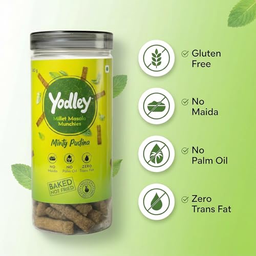 Image of Yodley Millet Masala Munchies - Minty Pudina Flavour | Baked, Not Fried | No Maida, No Palm Oil | Zero Cholesterol | Zero Trans Fat & High In Fiber | Calcium & Iron Rich | Healthy Indian Snack - 150gm