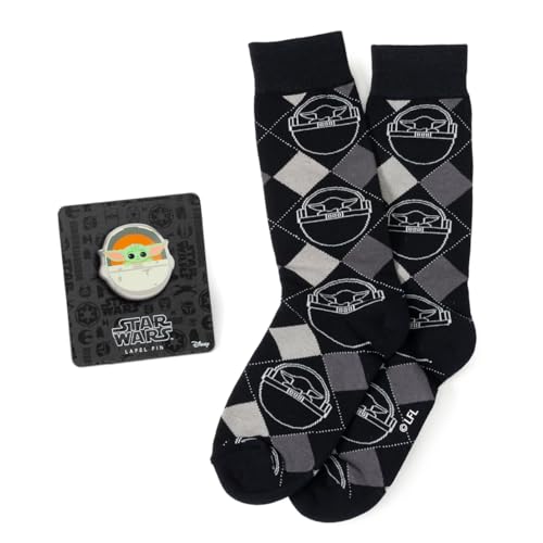 STAR WARS Grogu Argyle Socks and Lapel Pin Gift Set, Charcoal, Cotton Blend