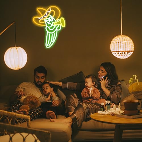 Image of Cactus Sombrero Hat Neon Sign Play Trumpet Neon Light for Bedroom Bar Decor | Dimmable Music LED Signs for Wall Decor, Cinco De Mayo Mexican Party Decor, Acrylic Celebrate Carnival Wall Sign, USB Powered
