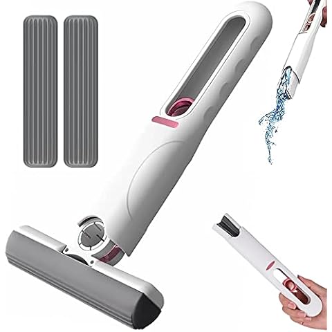 XASMA Portable Self-Squeeze Short Mop, Mini Lazy Hand Wash-Free Strong Absorbent Wet & Dry Use, Floor Cleaning System for Bathroom Kitchens Tableware Desktop Glass (2 Cotton Head + 1 Squeeze Handle) Cover