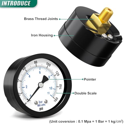 Image of 0-160PSI Well Pump Pressure Gauge 2 inch Dial Size, 1 /8 inch NPT Back Mount, 3-2-3% Accuracy, for Tube, Water Pump, Gas, Liquid, Pressure Test