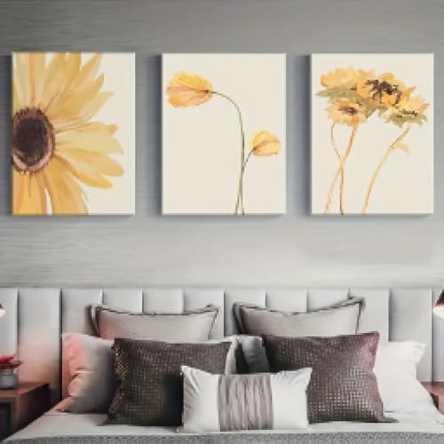 Décoration murale salon fleurie avec le triptyque de toiles tournesol sans cadre