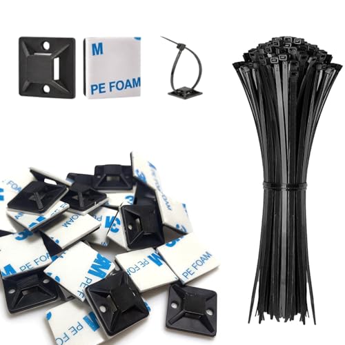 50 Set Cable Zip Tie Self Adhesive Mounts Kit with 6' Zip Ties, 3/4' Wire Holders Squares, Screws...