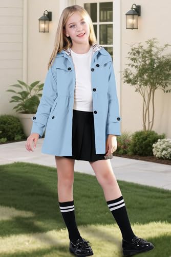 Betusline Girl's Single Breasted Windbreaker Hoodie Jacket Dress Coat Trench Coat Outerwear for Girl,1# Light Blue,7-8 Years = Tag 1402