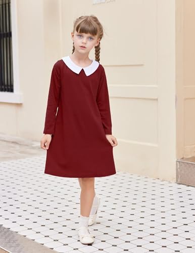 Image of Arshiner Girls Long Sleeve Vintage Peter Pan Collar T-Shirt Dress Age 4-13 Years
