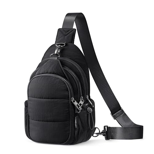TOPEAST Sling Bag for Women, Anti-Theft Crossbody Bag with RFID Blocking & Water Bottle Holder for Travel, Lightweight Puffer Cross body Purse for Daily Hiking, Water-resistant, Black