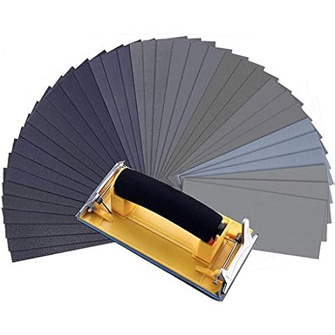 Sandpaper MOHOO 36-Sheets Sandpaper with Hand Sanding Block, 120 to 3000 Assorted Grit Wet and Dry Waterproof Sandpaper for Wood Furniture Finishing, Metal Sanding and Automotive Polishing Cover