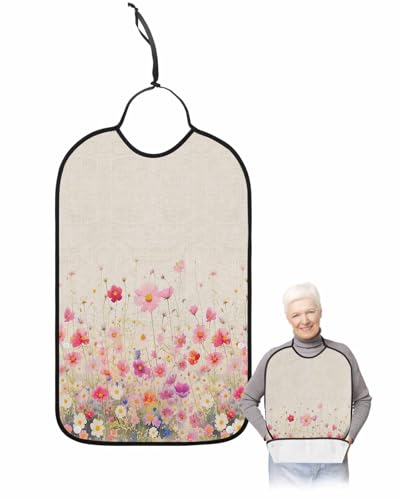 LEOKOTI Pink Spring Floral Adult Bibs for Eating, Waterproof Bibs with Food Catcher & Adjustable Snap Closure, Watercolor Summer Botanical Washable Clothing Protectors Adult Bibs for Elderly Women/Men