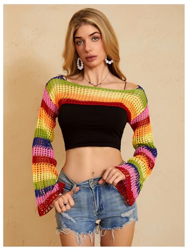 Image of MakeMeChic Women's Rainbow Striped Crochet Shrug Top Bell Sleeve Crop Tops Hollow Out Sweater