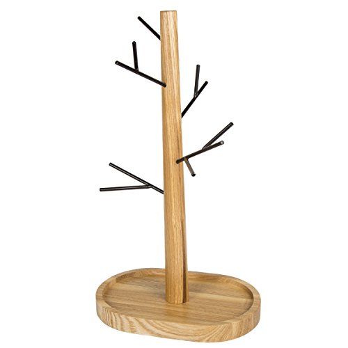 Creative Home Wire Jewelry Tree Stand, Hanger Organizer with Black Painting and Acacia Wood Tray
