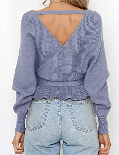 Image of ZESICA Women's Fall 2026 Wrap V Neck Long Batwing Sleeve Belted Waist Ruffle Knitted Sweater Pullover Top