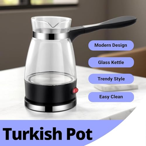 Image of Electric Turkish Coffee Maker and Kettle, Glass Pot with Handle, 500ml Capacity, Black and Clear 600W, Multi-Purpose for Coffee, Tea and Milk