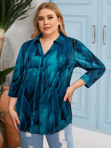 Amrto Womens Plus Size Shirts Collar Tops 3/4 Sleeve V Neck Blouse Loose Fit Soft Casual Business(XL-5XL)2