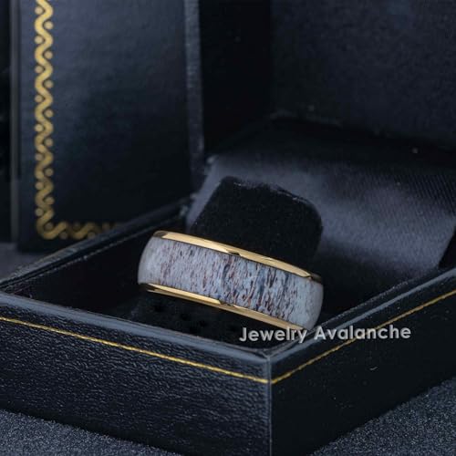 Jewelry Avalanche 8mm Men's Yellow Gold Tungsten Wedding Band - REAL Deer Antler Inlay Comfort-Fit Dome Anniversary Ring4