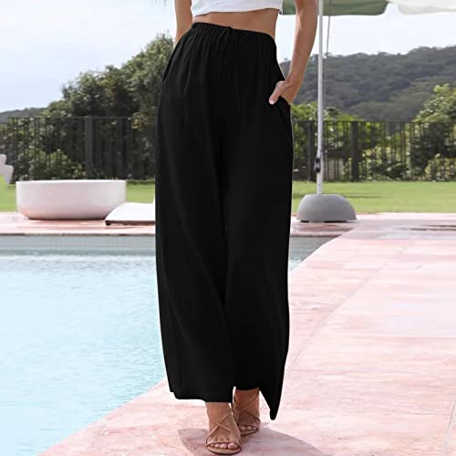 generic Women's Linen Summer Palazzo Pants Flowy Cotton Drawstring Trousers Vacation Wide Leg Beach Pants with Pockets3