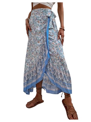 Verdusa Women's Floral Print Bowknot Ruffle Maxi Skirts Boho High Waisted Flowy Wrap Skirt