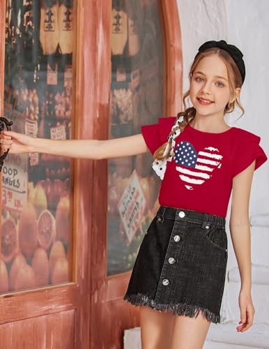Image of Arshiner 4th of July Shirt for Girl Patriotic American Flag Ruffle Short Sleeves Shirts Tops Tee Blouse