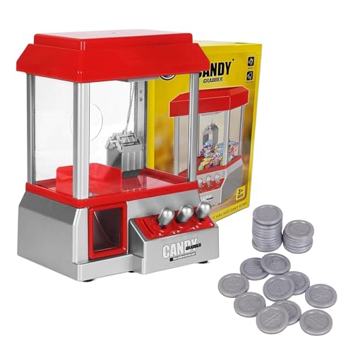 SGM Claw Machine Arcade Game – Candy Grabber & Prize Dispenser Vending Machine for Kids – Mini Sweet Dispenser with Music & 20 Coins – Red Claw Machine for Boys & Girls