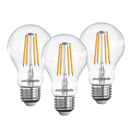 paul russells E27 Edison Screw LED Filament 4.5Watt 40W Equivalent 470LM Lumens 2700K ES Standard GLS A60 Super Bright Energy Saving Light Non-Dimmable - Warm White Bulbs - 3 Pack