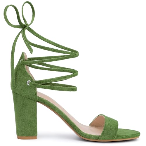 Allegra K Allegra K Women's Tie Up Strappy Heels Chunky High Heels Olive Green Sandal 8 M US