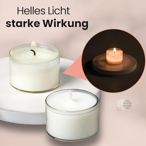 DecoLite:50 Teelichter 8 Stunden Brenndauer | 100% made in Germany | Hohes Teelicht mit transparentem Becher