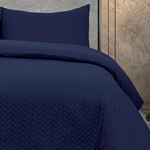 Linen Home - Charlotte Quilted Bedspreads King Size 245x260cm - 3Pcs Navy Quilted Throw Set Soft Microfiber Lightweight Coverlet with 2 Pillowcases 50x75cm for All-Season (Navy, 245x260cm)