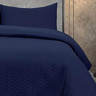Linen Home - Charlotte Quilted Bedspreads King Size 245x260cm - 3Pcs Navy Quilted Throw Set Soft Microfiber Lightweight Coverlet with 2 Pillowcases 50x75cm for All-Season (Navy, 245x260cm)