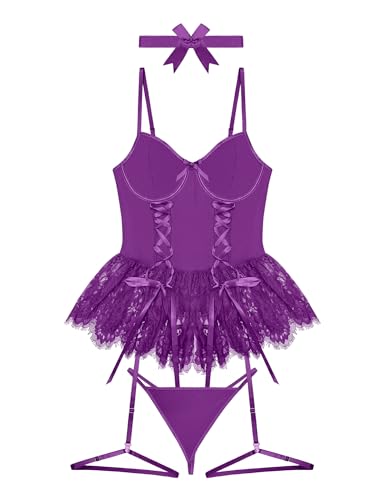 Image of Mixxmix Women Sexy Lingerie Set Naughty Lace Up Corset Bodysuit Underwire Lingerie Babydoll With Garter Belt and Bow Tie