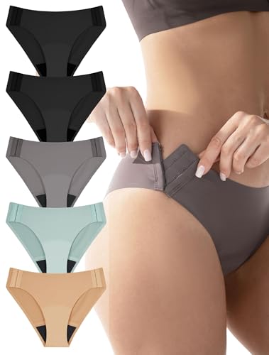 TIICHOO Adaptive Leakproof Underwear for Women Post Surgery Underwear Incontinence Bikini Panties with Side Hooks for Easy On/Off 5 Pack (2 Black/1 Light Brown/1 Beige/1 Smoke Green, Medium)