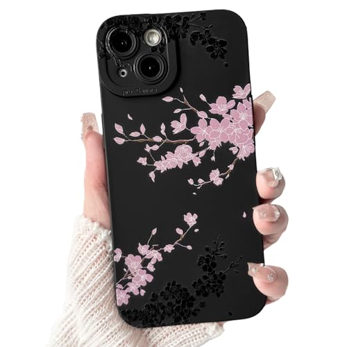 NITITOP Compatible with iPhone 13 Case Cute Aesthetic Cherry Blossom Pattern Design for Women Girls Soft TPU Shockproof Full Camera Protective Phone Cover - Black Pink