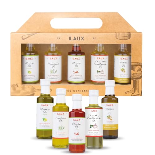 LAUX Öl Geschenkbox - 5er Set mit Olivenöl, Wallnussöl, Provence & Kräuter Knoblauch Öl - Ideal als Salat & Gemüse Topping - Geschenk zu Ostern (5 x 40ml) LAUX Öl Geschenkbox - 5er Set mit Olivenöl, Wallnussöl, Provence & Kräuter Knoblauch Öl - Ideal als Salat & Gemüse Topping - Geschenk zu Ostern (5 x 40ml)
