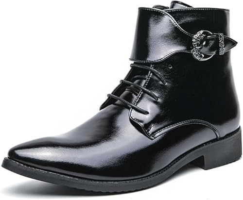 UCHUSI Mens Boots, Mens Leather Pointed Toe Lace Up Ankle Chukka Boots Fashion Ankle Buckle Strap Side Zip Low Block Oxford Boots For Formal Business Work Office Daily(Black,8.5)