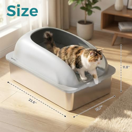 OLIXIS Stainless Steel Cat Litter Box with Lid, Large Cat Litter Box for Big Cats, High Wall Sides, Anti-Urine Leakage, Easy Cleaning, Scoop and Mat Included, Easy Cleaning, Light Gray — view 5