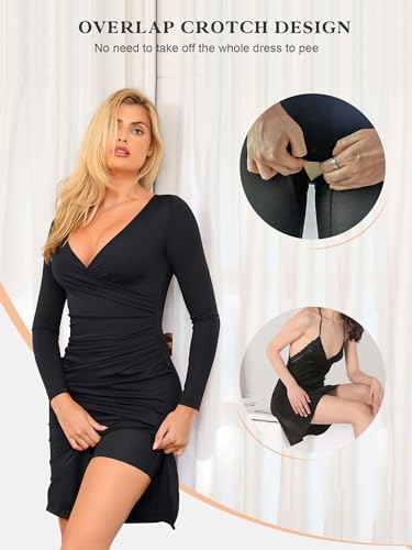 Popilush Shapewear Dress V Neck Formal Wedding Midi Dress Built in Shapewear for Women Long Sleeve Bodycon Dress3