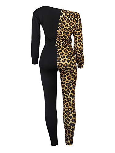 Sweat Shirts Jogging Suits For Women Sexy 2 Piece Sports Outfit Set Leopard Print Crop Top Shirts Bodycon Pants Clubwear Tracksuit Sportswear Black #TOP4