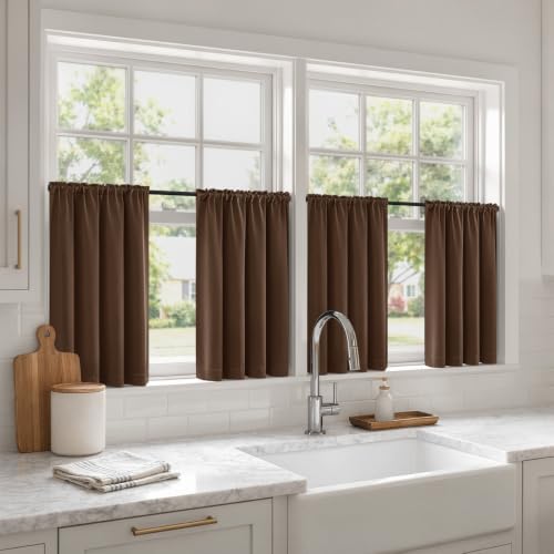 Image of MIULEE Short 45 Inch Blackout Kitchen Window Curtain Brown Set of 4 Panels