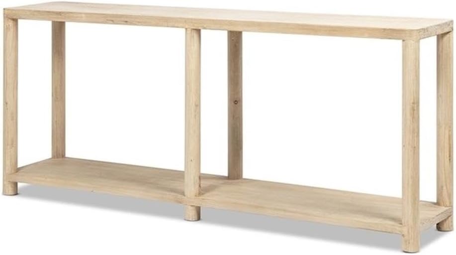Pemberly Row 71" Console Table with Lower Shelf, Natural Reclaimed Pine Wood, Cerused Light Finish, Slim Rectangular Profile, Rounded Corners, Contemporary Hallway Entryway or Behind-Sofa Table