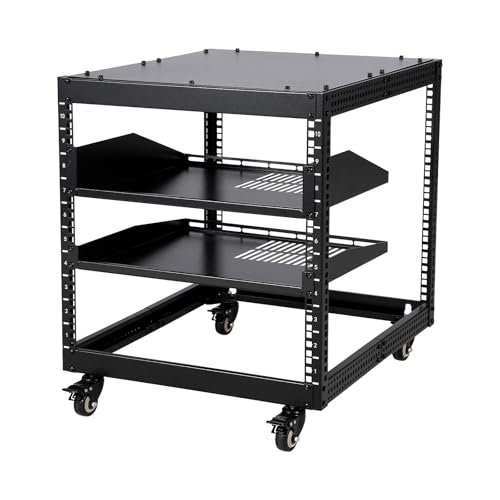 Image of Aptliton 10U Open Frame Server Rack 19 Inch, Adjustable Depth 58.5-101.6cm Network Cabinet, Wall Mount Data Cabinet with 2 Shelves & Casters, Heavy Duty AV Rack for Home Lab, Black