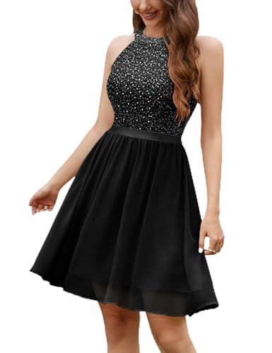 Image of Dressystar Women's Short Sequin Chiffon Halter Homecoming Cocktail Party Dress