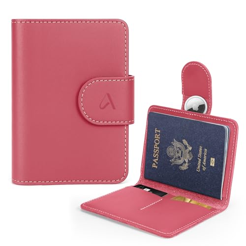 Image of ALLIVE Rfid Passport Holder for Travel Women, Rfid Passport Cover Wallet, Genuine Leather Passport Holder for Travel with AirTag Hidden, Airport Essentials, Travel Gifts (Rose Pink)