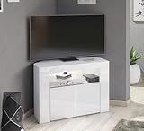 Furneo Clifton 07 – Corner TV Stand Unit Cabinet, 86x65x40 cm, Matt & High Gloss White Finish, White LED Lights