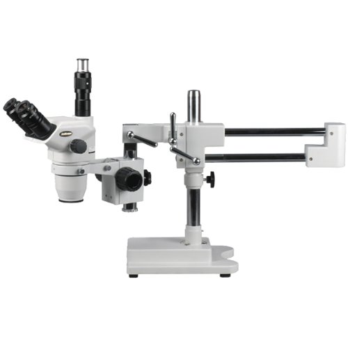 AmScope ZM-4TNV3 Professional Trinocular Stereo Zoom Microscope, EW10x and EW20x Focusing Eyepieces, 2X-180X Magnification, 0.67X-4.5X Zoom Objective, Ambient Lighting, Double-Arm Boom Stand, Includes 0.3x and 2.0x Barlow Lenses