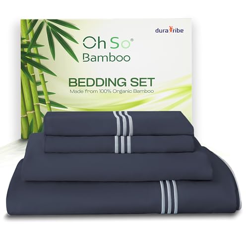 DURA TRIBE Oh So Bamboo 4 Piece Bedding Set – Charcoal – King – Embroidered Design – 100% Organic Bamboo Viscose Cooling Silky Soft & Smooth - Luxurious Comfort for a Restful Sleep – Hypoallergenic