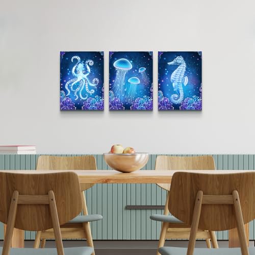 Lapremoly Blue Ocean Animal Seascape Canvas Prints Wall Art Paintings For Bedroom Framed Wall Decor for Living Room Ready To Hang Bathroom Wall Pictures Modern Home Decoration Artworks 3 Pieces