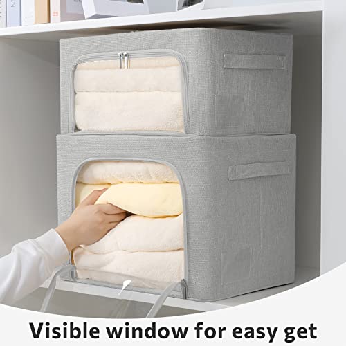 Image of FHSQX 2 Pack Clothes Storage Bins Stackable Metal Frame Storage Box Foldable Linen Fabric Organizer with Carrying Handles and Clear Window (Light Gray, 15.7x 11.8x 7.8Inch)