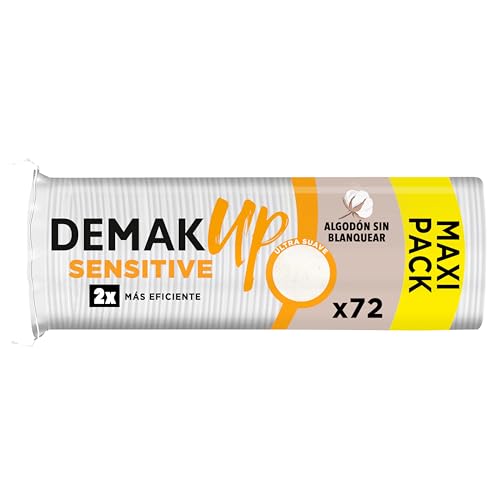 Demak'Up Sensitive x72 - Discos Desmaquillantes Ultra Suaves para Pieles Sensibles - Cara y Ojos - Fibra de Algodón 100% Natural - Paquete con 72 Discos