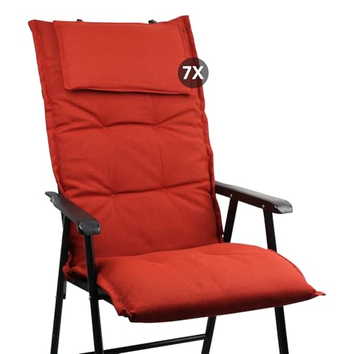slaaviinoo 7er Set Gartenstuhlauflagen Hochlehner (120x50x6cm) Sitzkissen Outdoor– wasserabweisender Stoff & UV-500h lichtecht – Mit abnehmbarem Kopfpolster – Burgunderrot für Gartenmöbel/Klappstühle