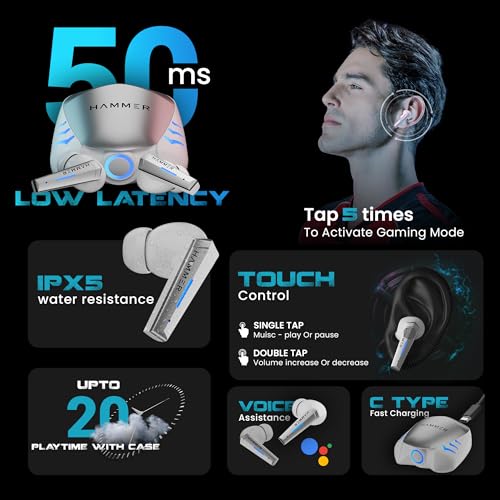 Image of HAMMER Arcade True Wirelss Gaming Earbuds with RGB Lights, 50ms Low Latency, Type-C Charging, IPX5, Deep Bass, 20H Playtime, Bluetooth v5.3, Made in India (White)