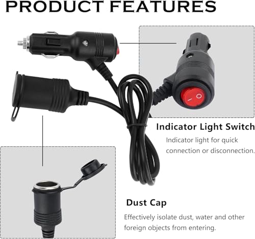 Image of RIGGEAR Car Cigarette Lighter Extension Cable, 3m /10ft Long Lighter Extender Cord with Switch, LED Indicator and Dust Cap for Tyre Inflator /Accessories, Heavy Duty Extension Cable, 15A Fuse